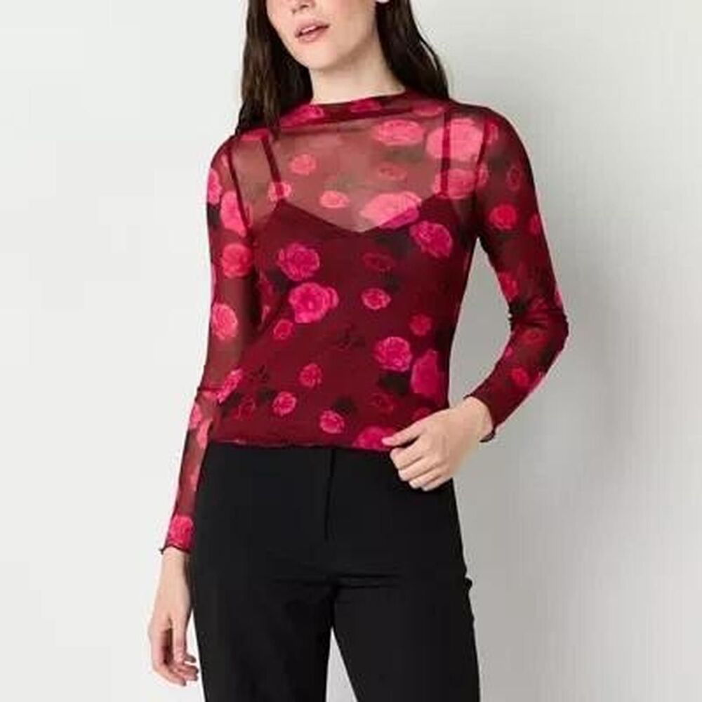 Mesh Dark Red & Pink Roses Top with Cami set. sz S. Y2k. Goth. Vamp. Dark Floral